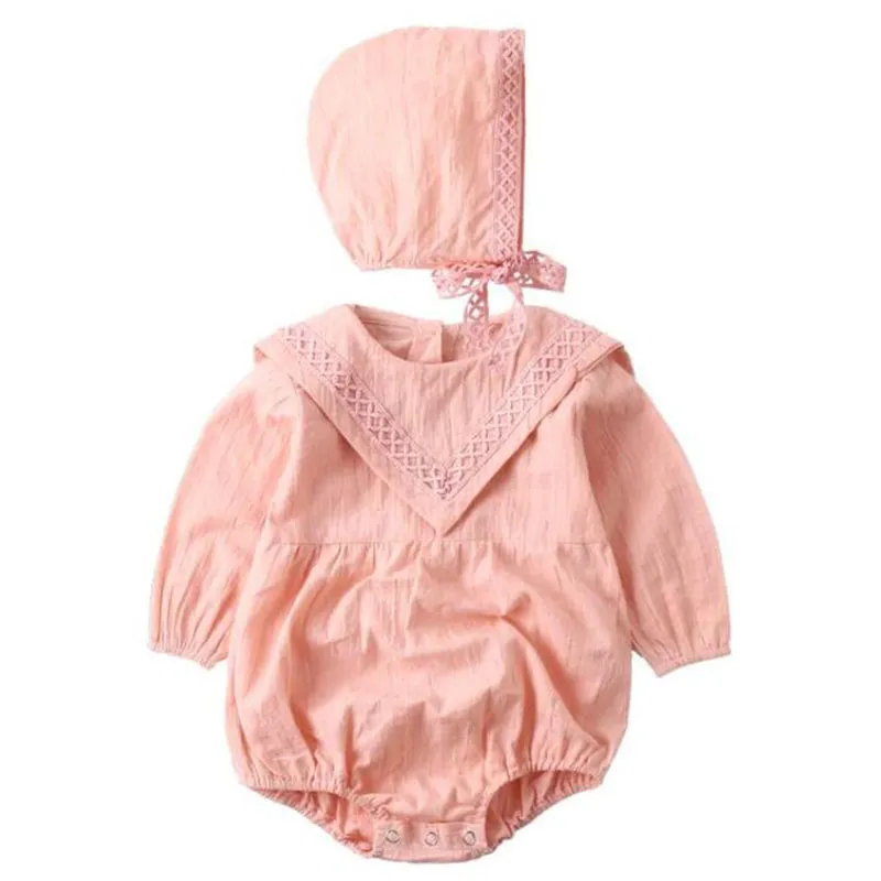 Babies ROMPER Vêtements conjointables Automne 0-2ans Manchons à manches longues + chapeau bébé fille drôle 210429