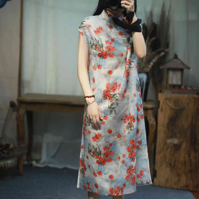 Johnature Women Chinese Style Dresses Stand Ramie High Quality A-line Robes Print Floral Summer Button Female Dresses 210521