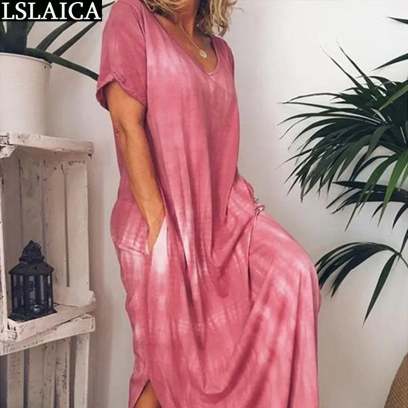 Tie Dye Print Woman Dress Summer Short Sleeve V Neck Casual Loose Maxi Split Streetwear Plus Size Long Vestido 210515
