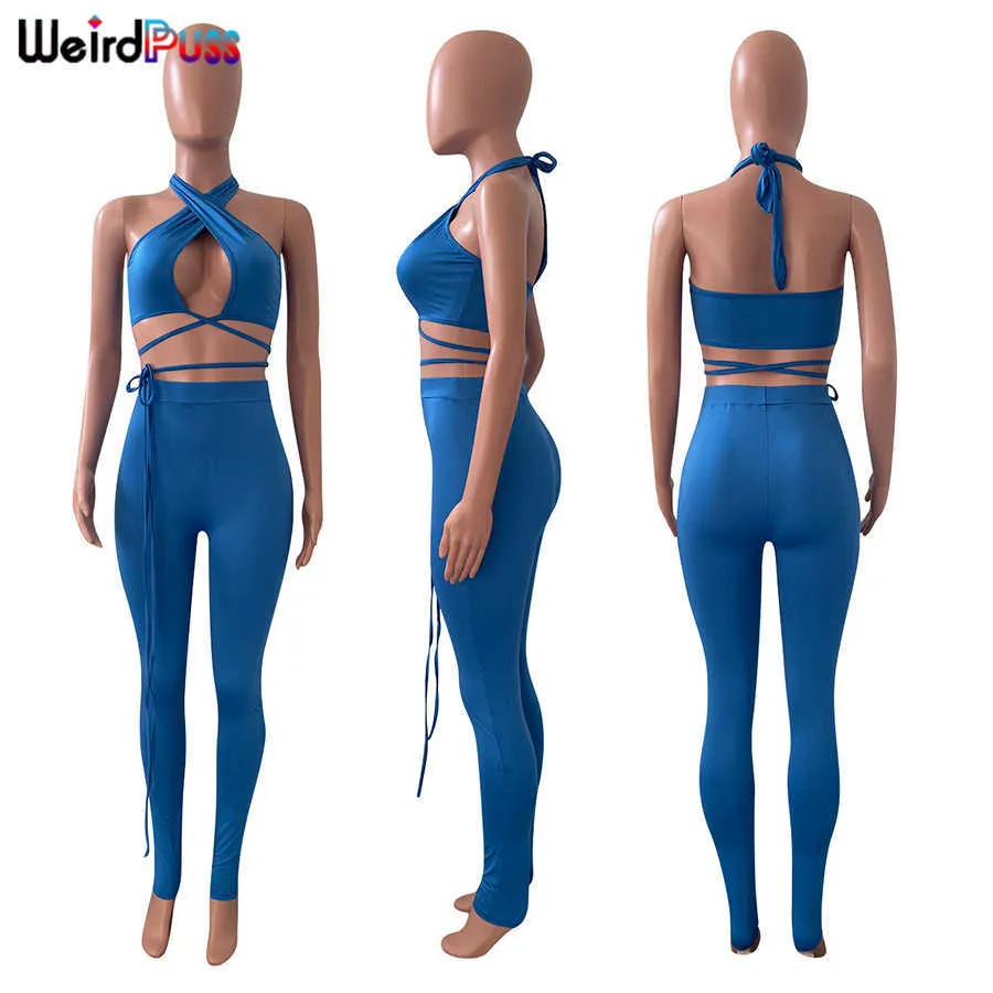 Weird Puss Cross Halter Bandage Set Skinny Drawstring Stretchy Backless Top + Leggings Survêtement Assorti Casual Sportswear Y0625