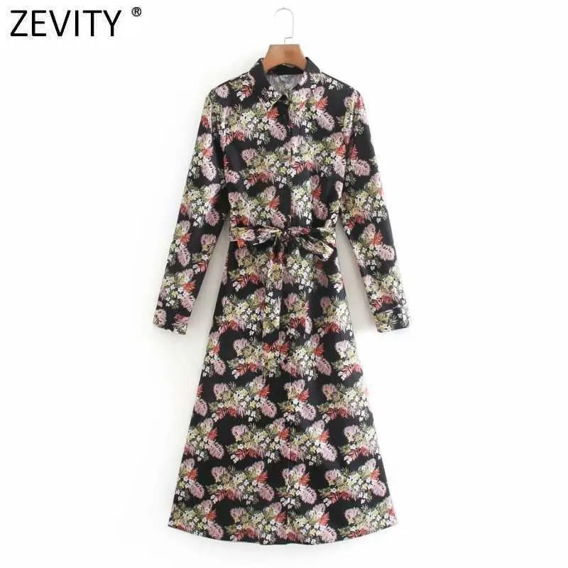 Zevity Femmes Vintage Feuilles Imprimer Bow Ceintures Midi Chemise Robe Femme Chic Turn Down Col Casual Slim Robe DS4946 210603