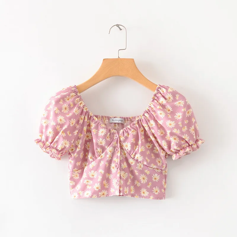 Sexy estampado floral mujer crop blusa camisa vintage playa verano manga corta algodón tops lindo femininas 210427