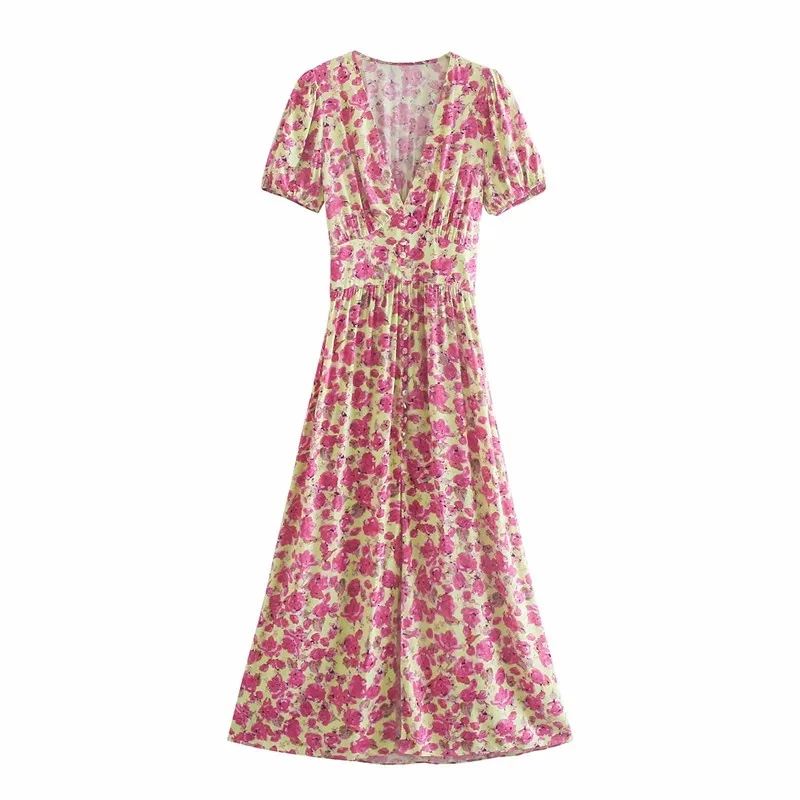 Blommig lång klänning kvinnor rosa midi sommar kvinna vintage ruched slit kort puff ärm elegant damer es 210519