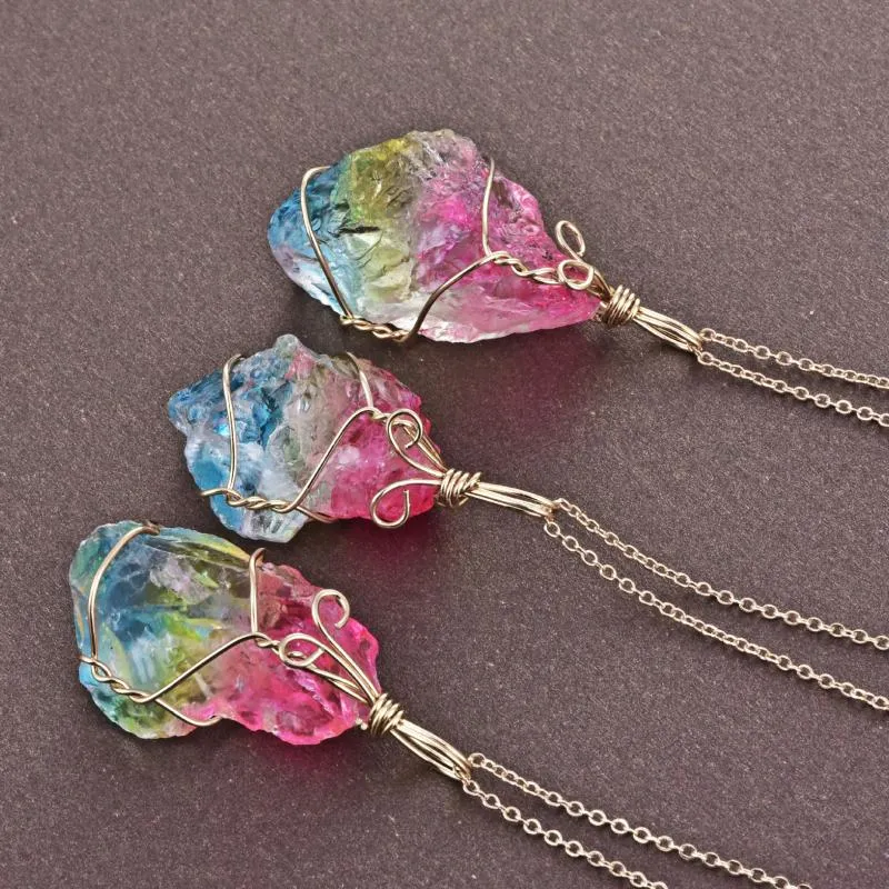 Naszyjniki wiszące nieregularny naturalny kryształowy kamienny drut Naszyjnik dla kobiet Rainbow Quartz Reiki Healing196x