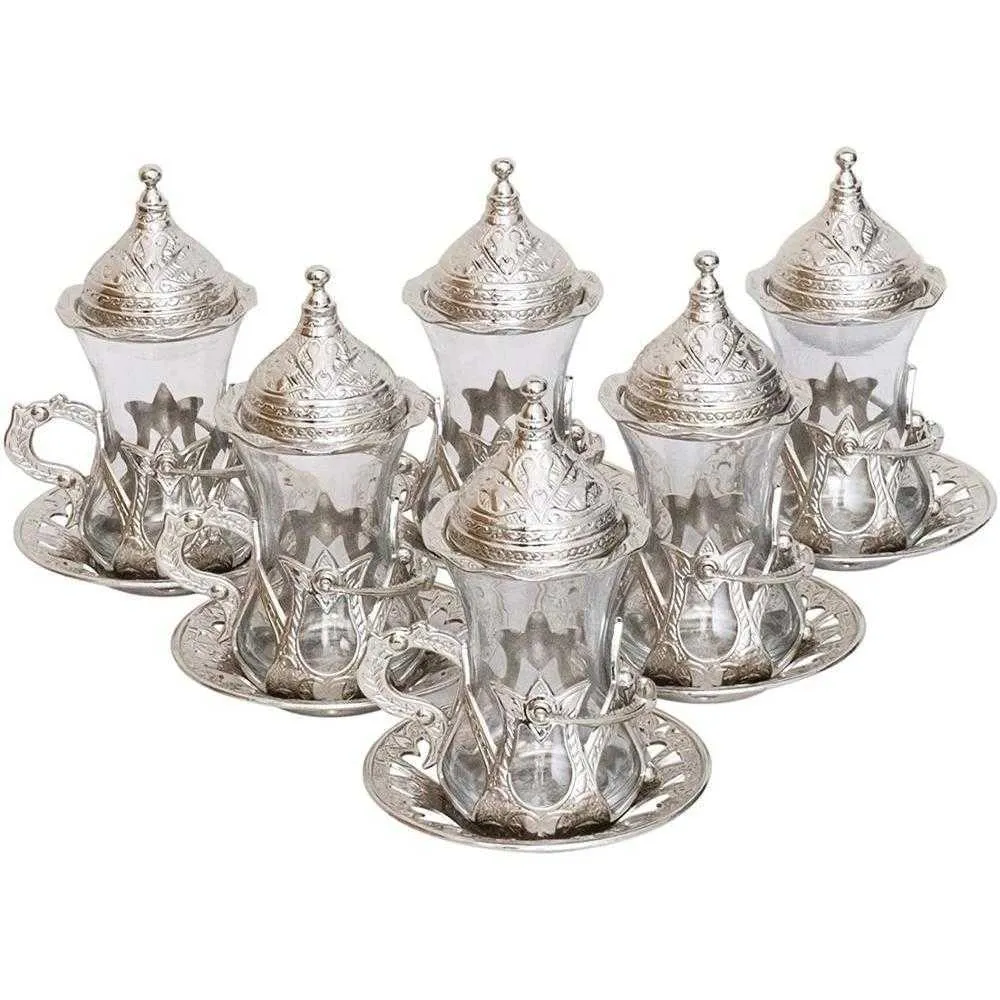 Ottoman Authentic Design Turkish Greek Arabic Tea Set 6 Service Tea Cup Plates & Lids gift258h