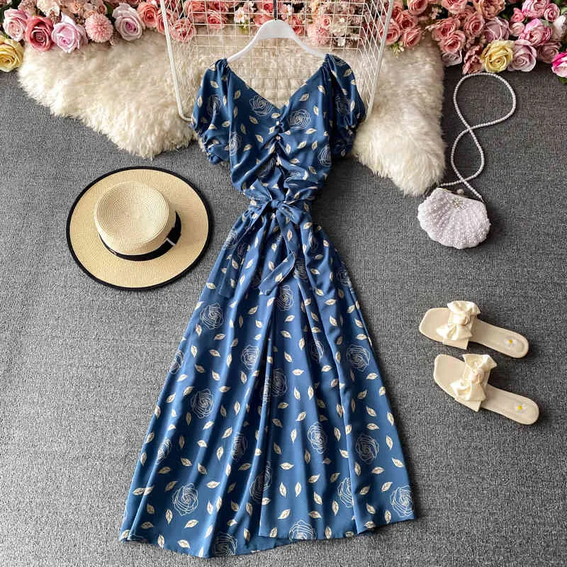 Sommarstrand A-Line Print Dress Kvinna Seaside Holiday Halter Big Swing Midi Long Dress Sweet Floral V-Neck Dress Vestido Lady 210514