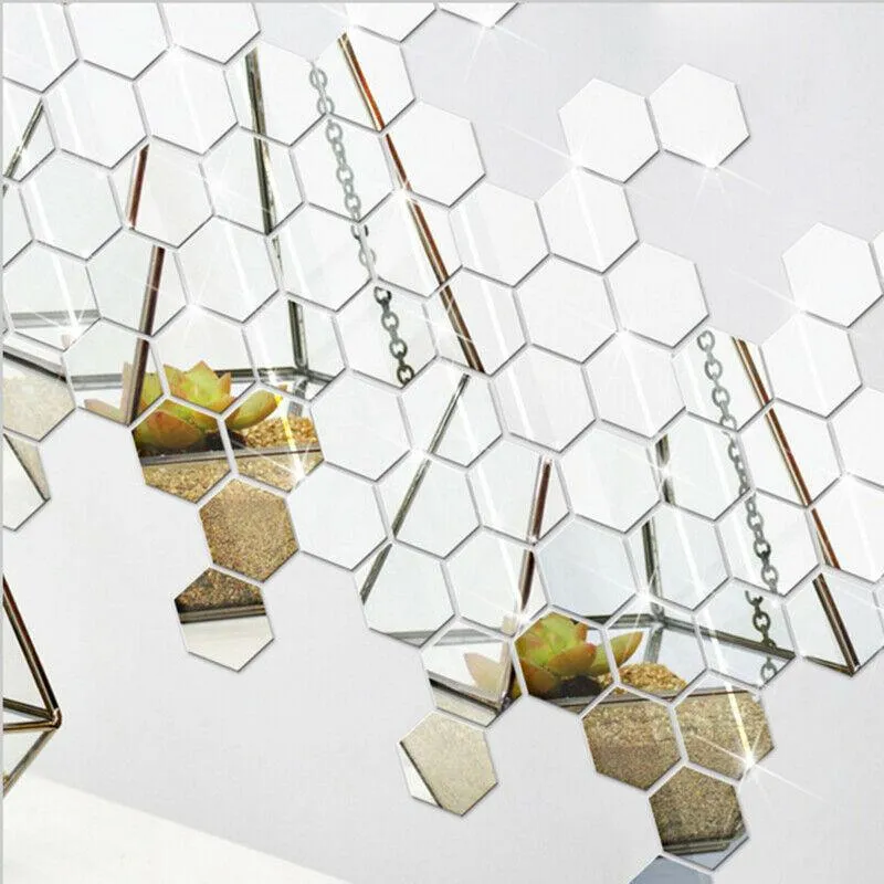 Miroirs 12 pièces de carreaux de miroir 3D hexagonaux auto-adhésifs décoration de la maison autocollants d'art salle de bains bricolage Decor263T