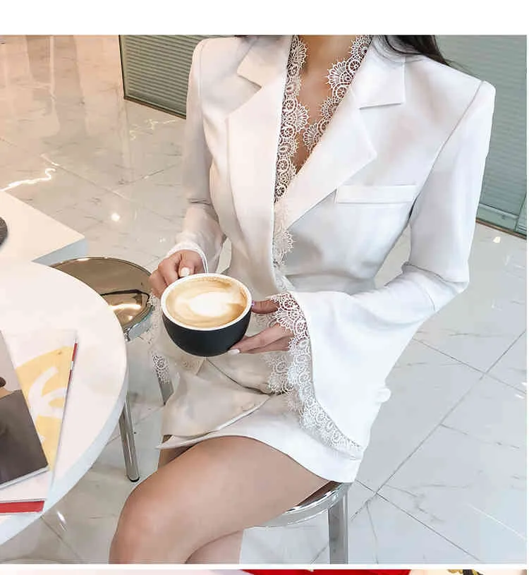 Elegant Lace Patchwork Button High Waist Midi Dresses For Women Turndown Collar Flare Sleeve Female Fashion Clothing 210520