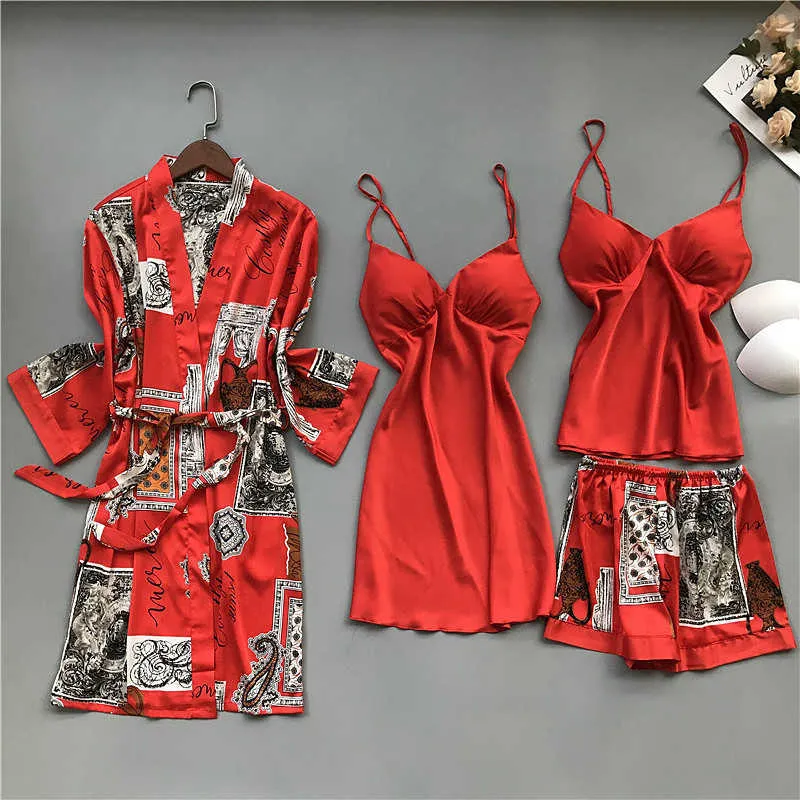 Frühling und Herbst Pyjamas Frauen Brust Pad Nachthemd Strap Seide Nachthemd 4 Stück Set Tops Langarm Pijama Mujer Sexy dessous Q0706