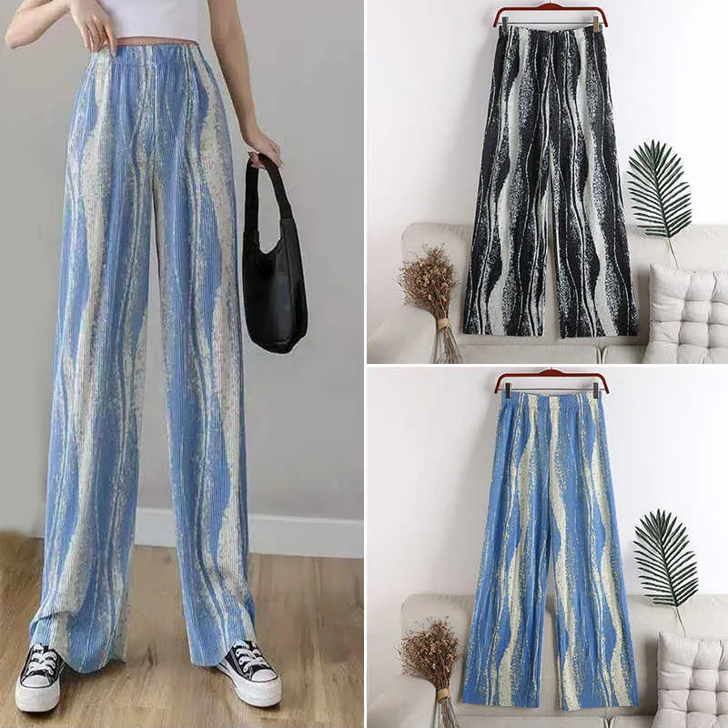 New Summer Fashion Cooling Comfortable Pleated Pants For Women Beautiful Vintage Print Pants Length Pants Q0801