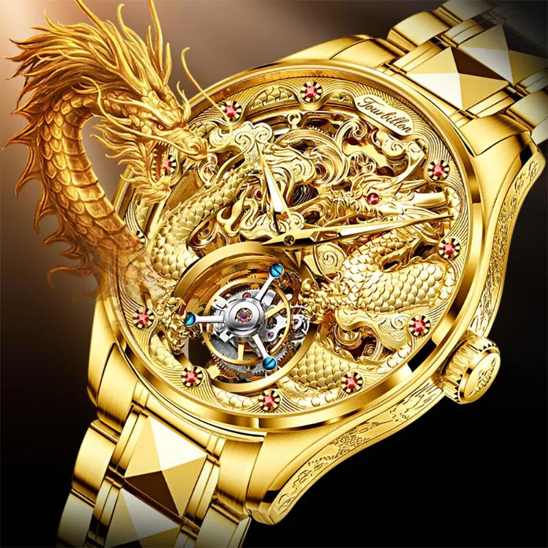Luxe Gouden Draak Automatisch Horloge Voor Mannen Mechanische Tourbillon Saffier Waterdicht Topmerk Horloge Transparant Watches306g