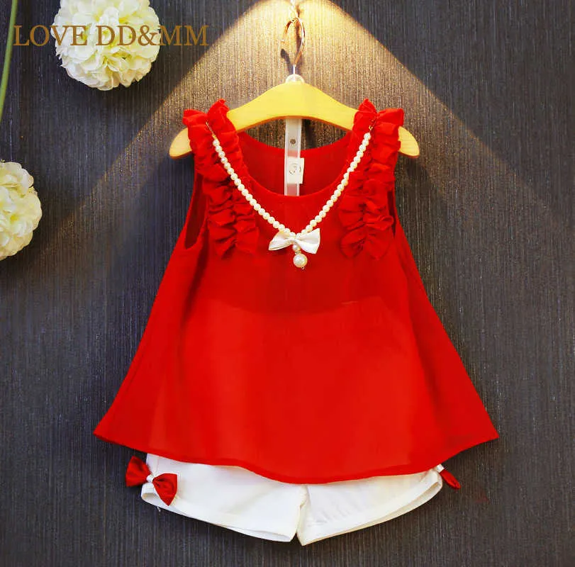 LOVE DD&MM Girls Sets Summer Kid's Clothing Girls Solid Color Doll Lace Led Short-Sleeved Shirts + Shorts Suits 210715