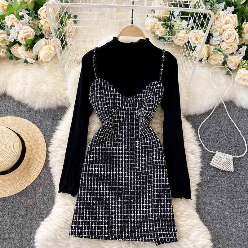 Spring Fashion Age Reduction and Slimming Suit Two-piece Plaid Tweed Suspender Dress All-match T-shirt Women C387 210507