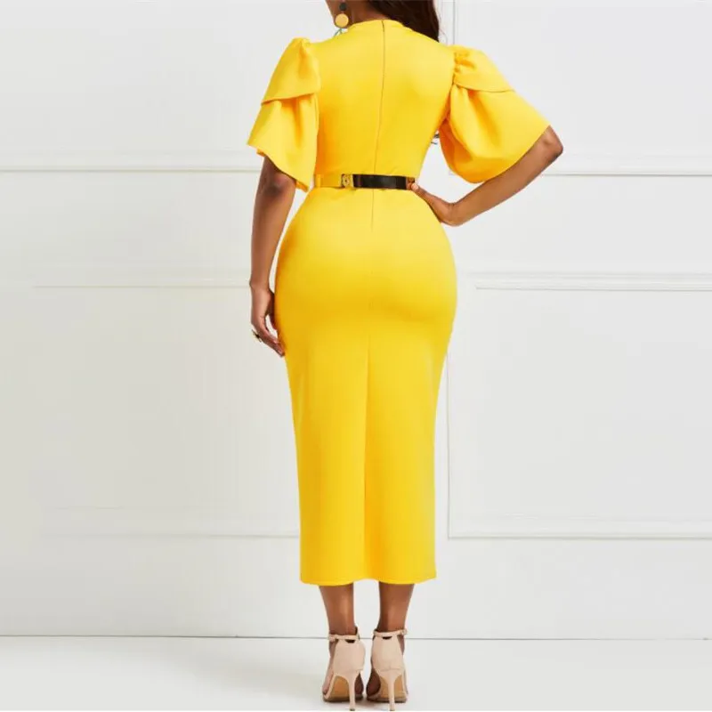 Elegant Dress Women For Wedding Party Wear Bodycon Ankle Length Solid Puff Sleeve Evening Night Dinner Vestidos Mujer 210510260w