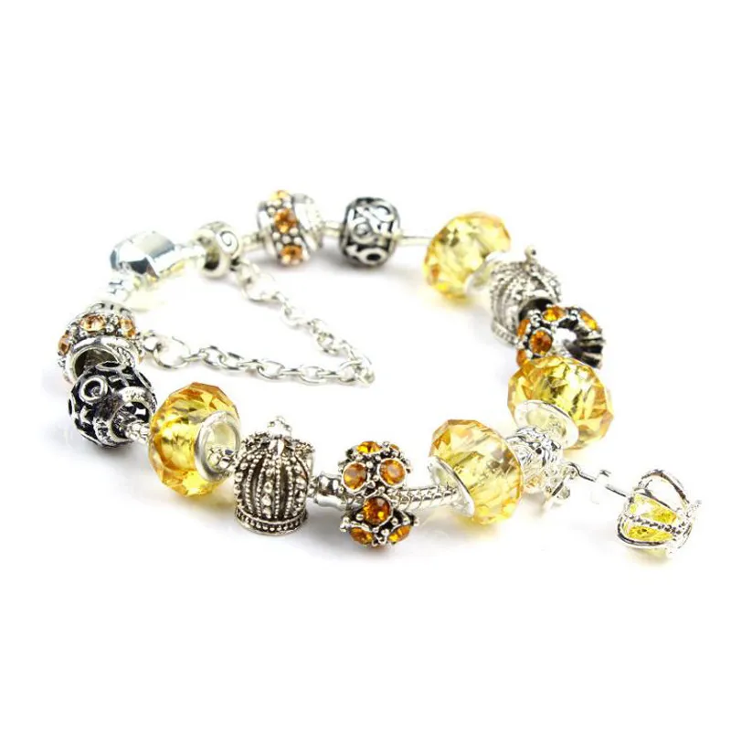 19cm Designer charme mulheres pulseiras de prata para mulheres Royal Crown Pulseira Roxo Crystal Grânulos DIY Jóias Com Custom Logo