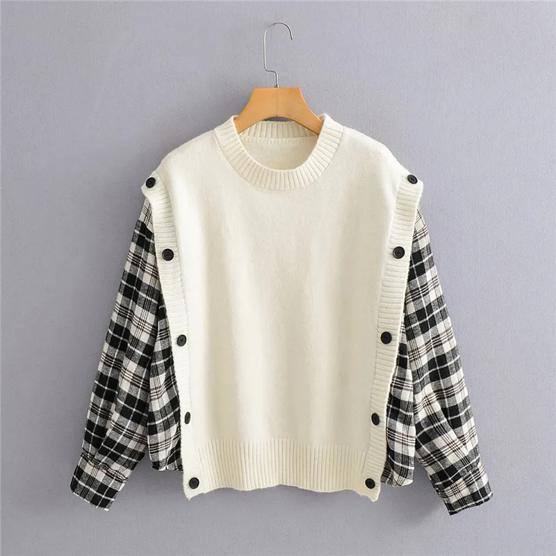 Fake two-piece plaid stitching knitted sweater women autumn Korean loose shirt sleeve round neck pullover top 210514