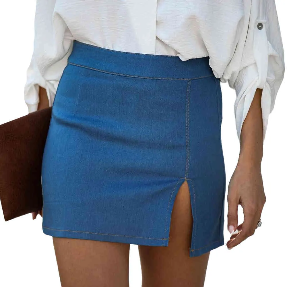 Été fendu bleu Denim jupe femmes Sexy décontracté taille haute jupe crayon maigre élégant Vintage irrégulière mince Mini jupe nouveau D30 X0428