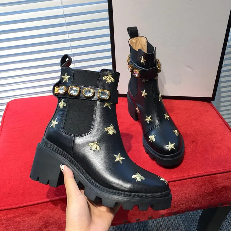 Designer Women Diamond Boots Platform Chunky Heel Martin Boot Genuine Leather Bee Star Shoes Deserts Winter Outdoor Lady Party Buckle Ankle Shoe 35-41 Box Dustbag