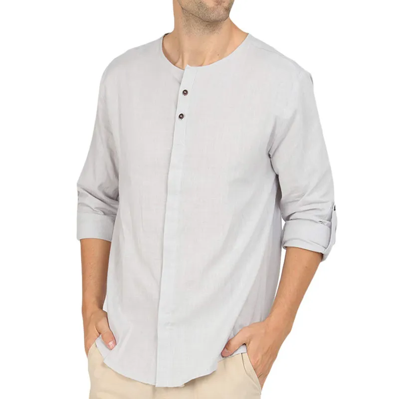 Camicie da uomo in lino Camicie casual da uomo a maniche lunghe senza colletto casual Camicie larghe larghe Camicia oversize comoda colorata 210524