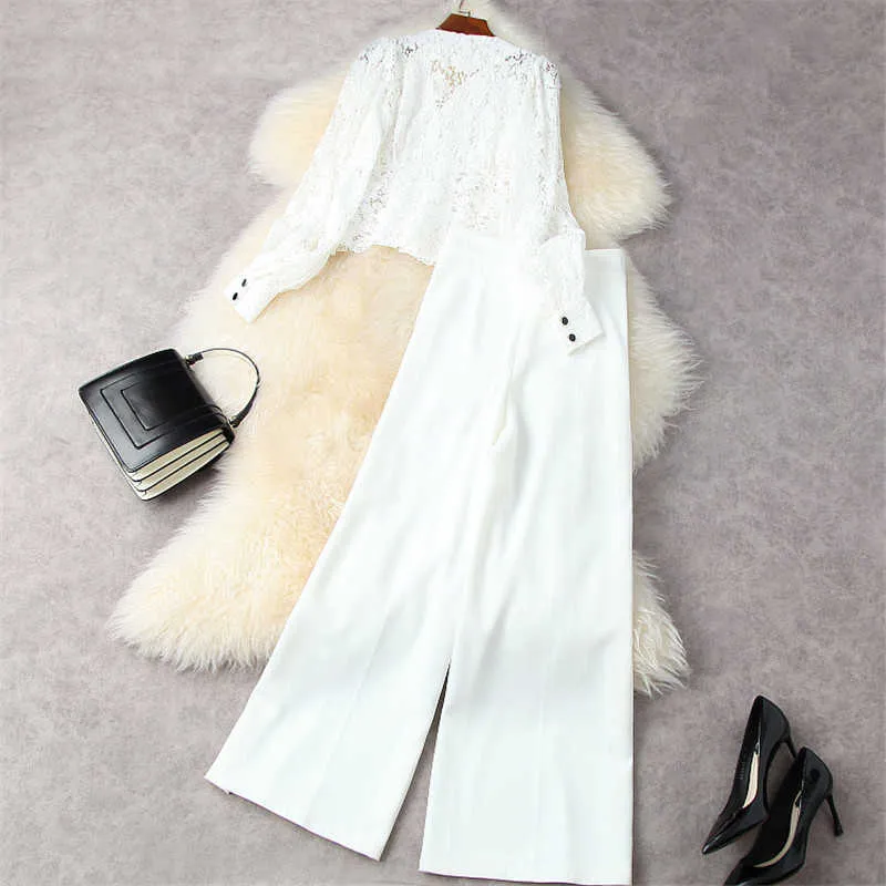 Summer Office Lady Set Women Elegant Lantern Sleeve Cardigan Lace Shirt+Wide Leg Pants Suit White Outfits 210601