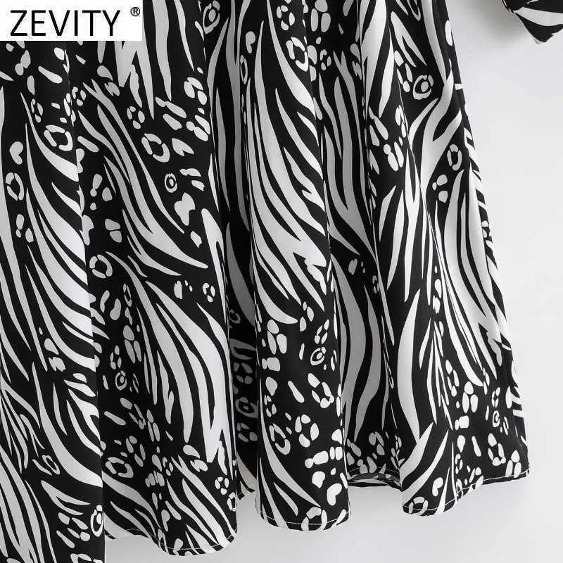 Zevity Femmes Vintage Turn Down Col Abstract Print Taille élastique Kneeth Chemise Robe Femme Chic Manches Longues Robe DS4679 210603