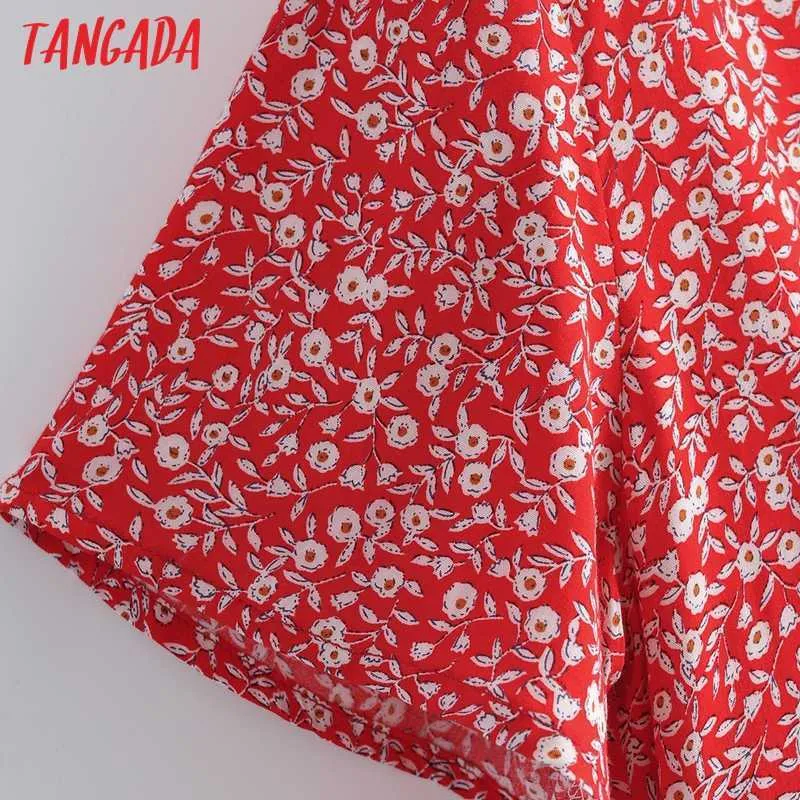 Tangada été rouge imprimé fleuri col en V robe à manches courtes dames longue robe Vestidos 1F123 210609