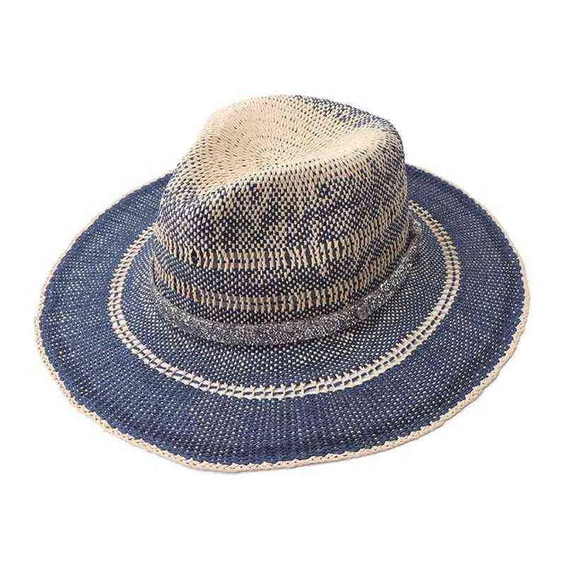 Kvinnor Straw Panama Fedora Sun Hat Gradient Rhinestone Chain Sunscreen Beach Cap A0NF G220301