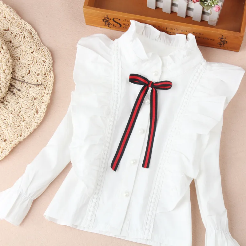 Ankunft Mädchenblusen Herbst Kinderkleidung Weiße Bluse mit Stehkragen für den Schulanfang Hemden Teenager Kinder Tops 2203149682608