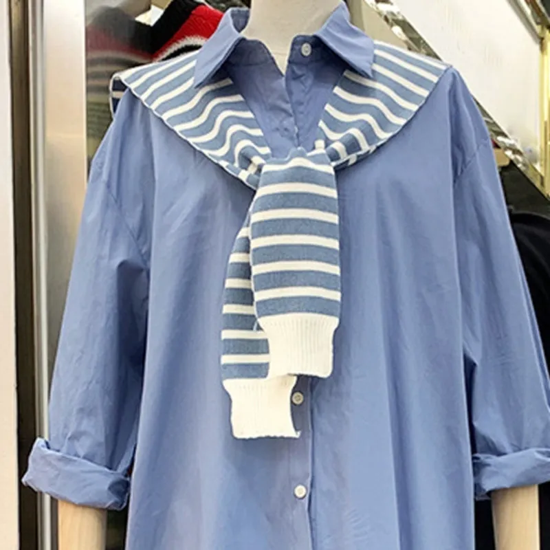 Coréen Chic Casual Mode Tempérament Turn-Down Collier Châle Chemise à manches longues Robe Femmes Summer Blue Robe 16W1083 210510