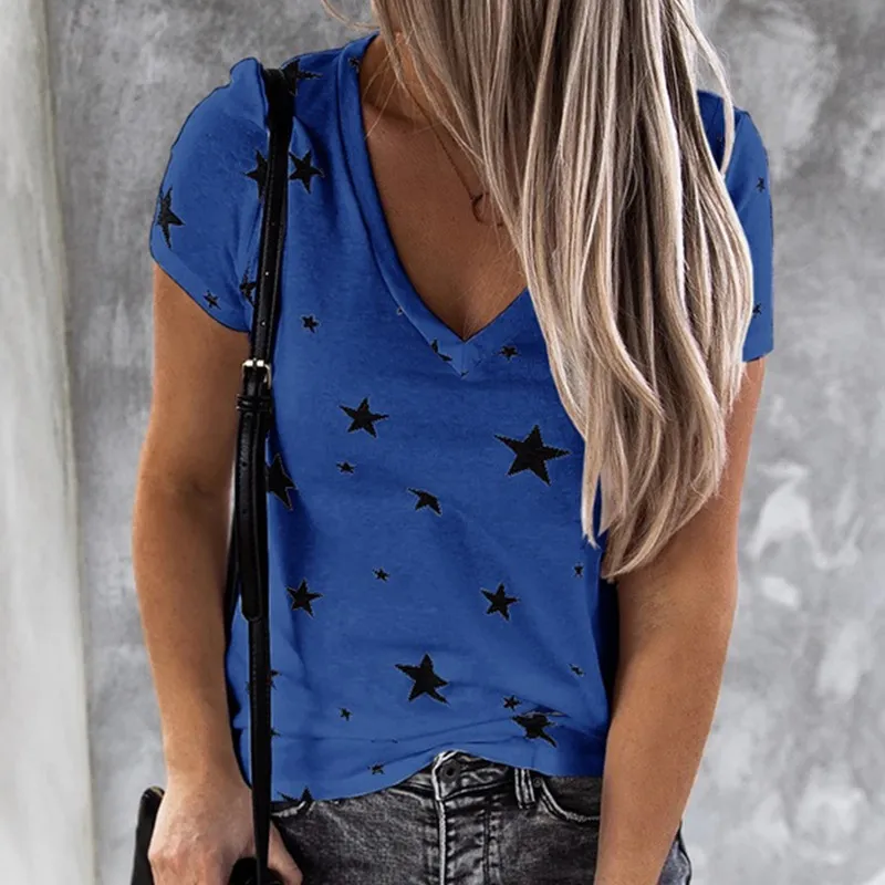 Женская футболка мода звезда печатает футболки летняя повседневная одежда с коротким рукавом V-образным вырезом топы женские TEES плюс размер 3XL женщина 210517