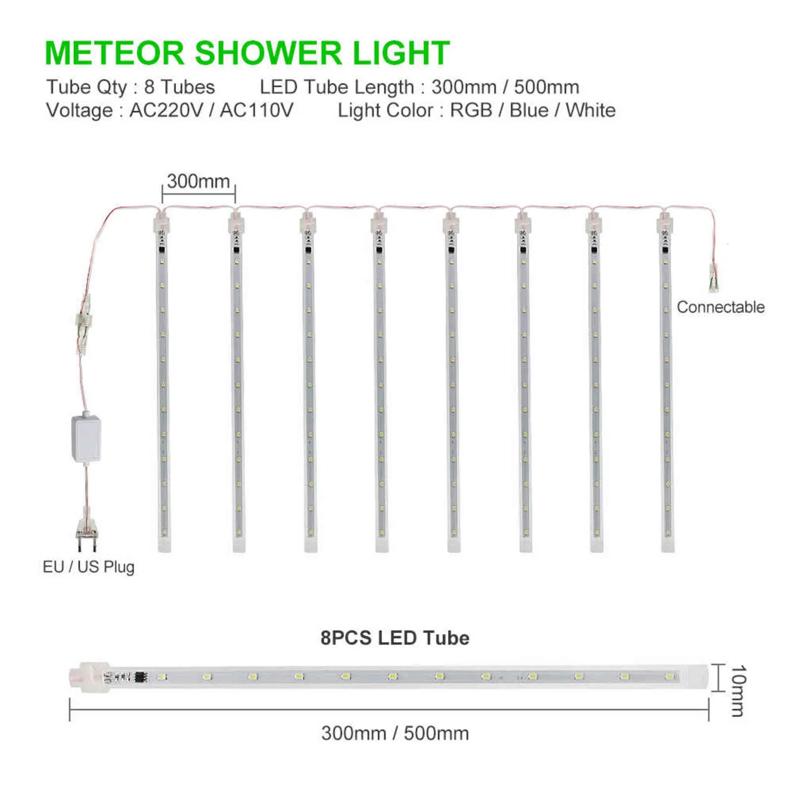 Anblub 30cm 50cm 8 rör Vattentät Meteor Dusch Regn Ledsträngljus Utomhus Juldekoration för Home Tree EU / US-kontakt 211112