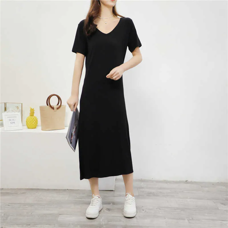 Grande taille robes d'été pour femmes Maxi a-ligne mi-mollet col en v Modal Long Streetwear décontracté plage noir vêtements femmes 210625