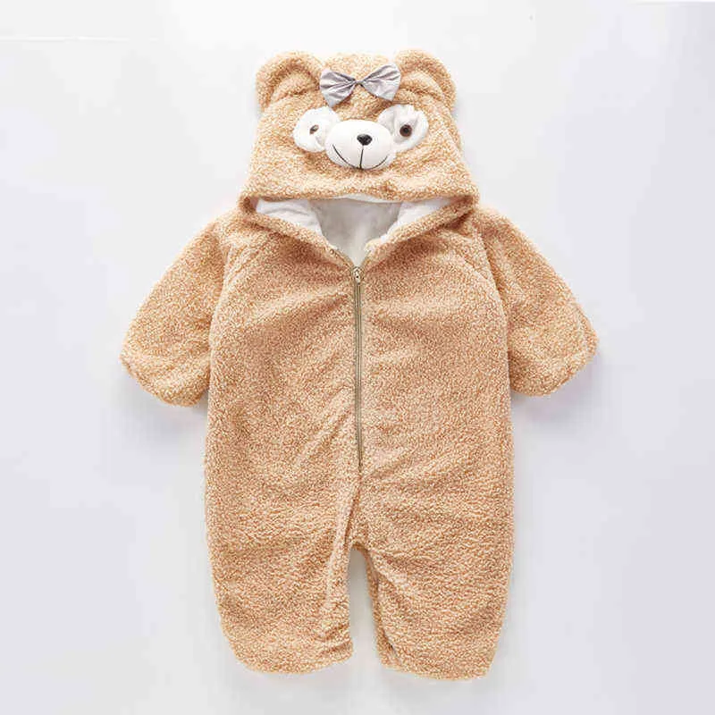 Baby Girl Clothes Cute Plush Bear Romper Comfortable Keep Warm Hooded Zipper Boys 1-2 Year Old Kids 211101