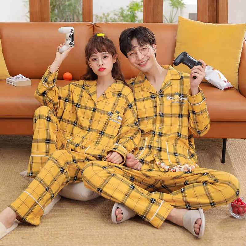 Couple Pajamas Set Plaid Sleepwear Autumn Winter Cotton Pyjamas Suit Women & Men Long Sleeve Pijama Lovers Night Wear Button 210325