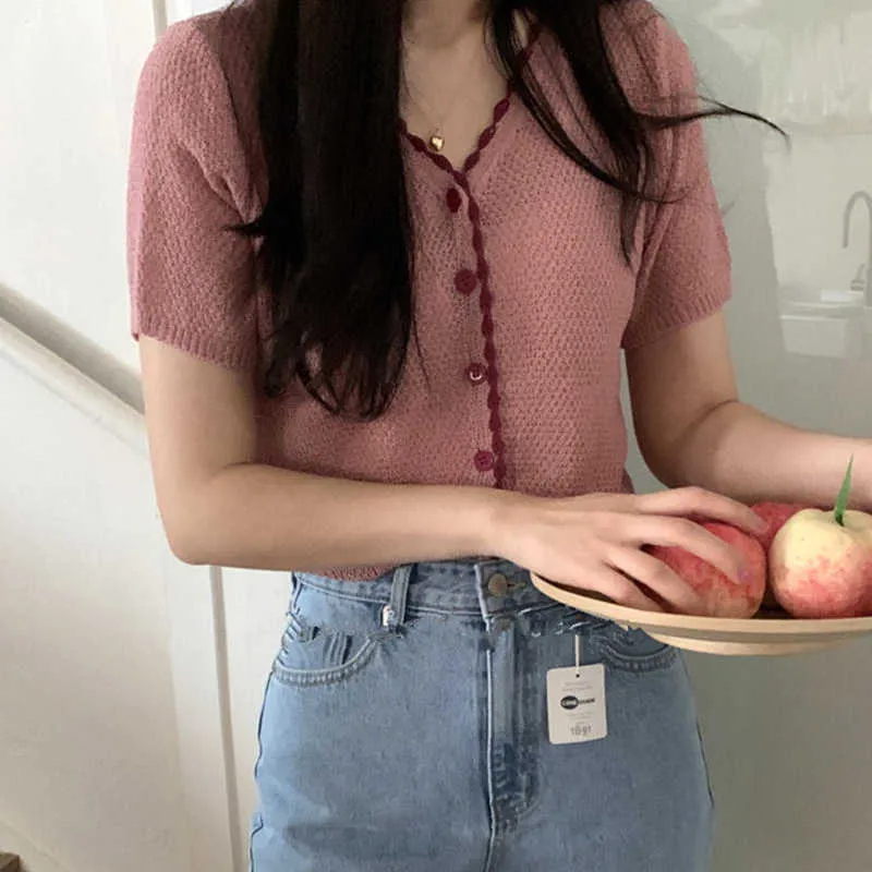 Korejpaaの女性Tシャツ夏の韓国の遊び心のあるレトロなVネックボーダーコントラストシングルブレスト半袖ニットカーディガン210526