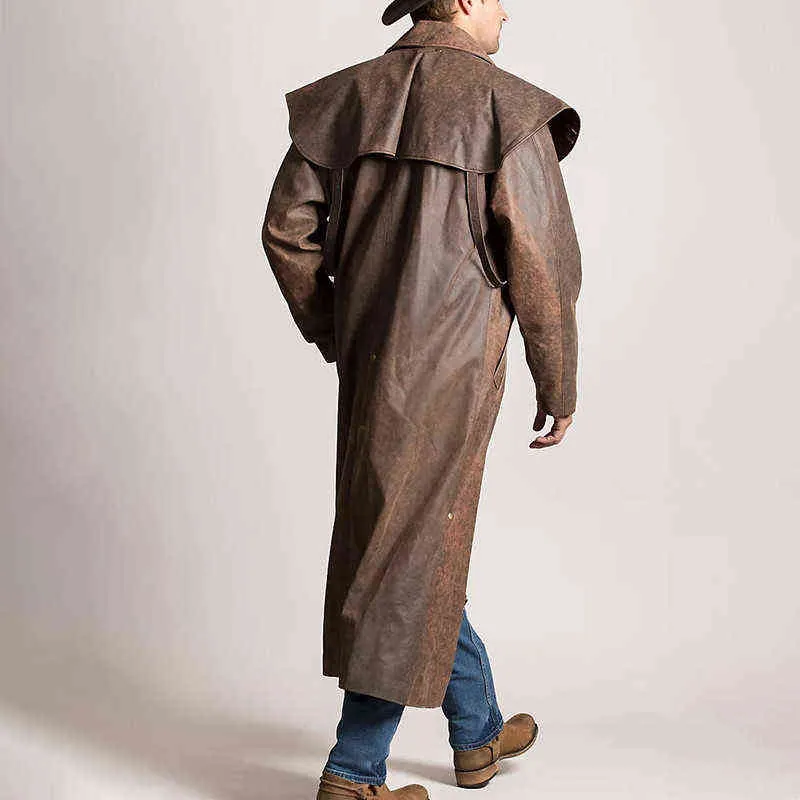 Trench-coat en cuir à revers pour hommes Mode Vintage Cowboy Veste longue Punk Coupe-vent Manteau Veste de moto Steampunk Greatcoat 211111