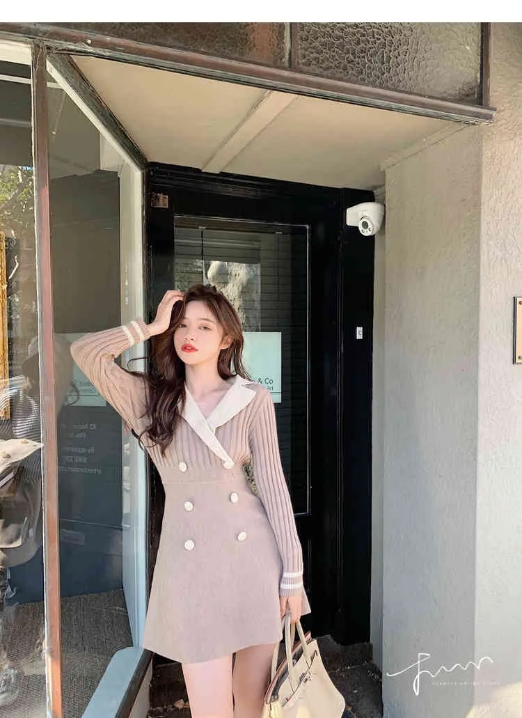 Autumn Women Long Sleeve Knit Dress Korean Vintage Fashion Mini A-line Sweater Dresses Bodycon V-neck Tunic Vestidos 210513