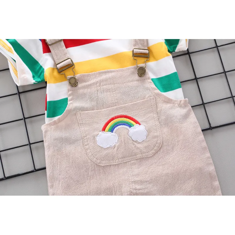 Summer Children's Clothes Set Short Sleeve Striped Top + Rainbow Workwear Pants Cute 210515