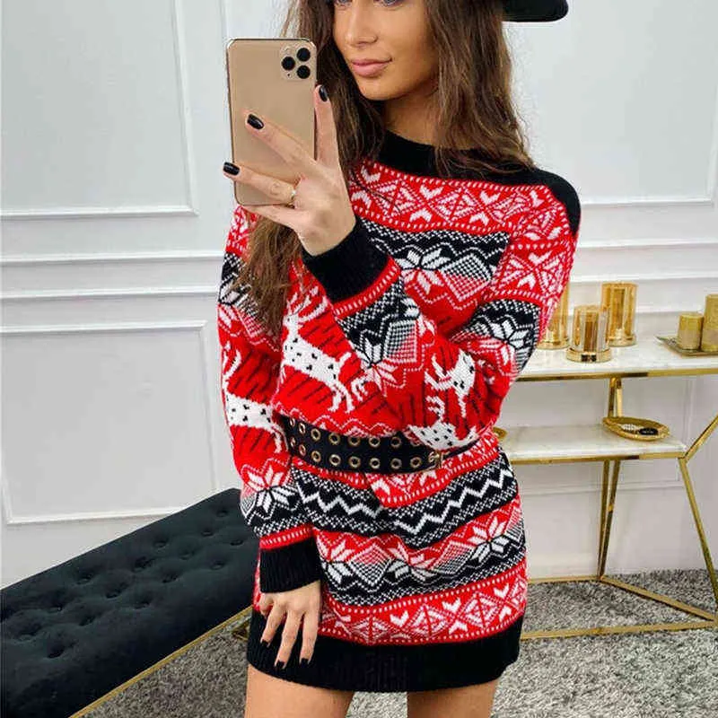 Women Fashion Knitted Party Dress Casual Round Neck Long Sleeve Winter Mini Dress Christmas Snowflake Elk Jacquard Sweater Dress Y1204