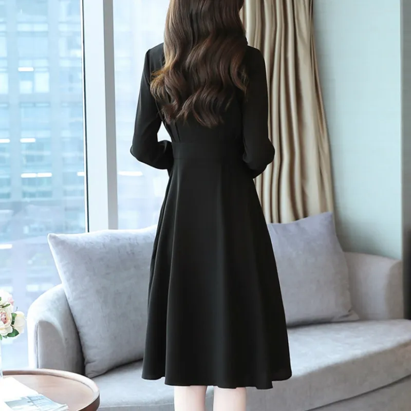Outono Slim vestido preto manga comprida chiffon cintura feminina a linha monte-comprimento es plissado costurando sino 210423
