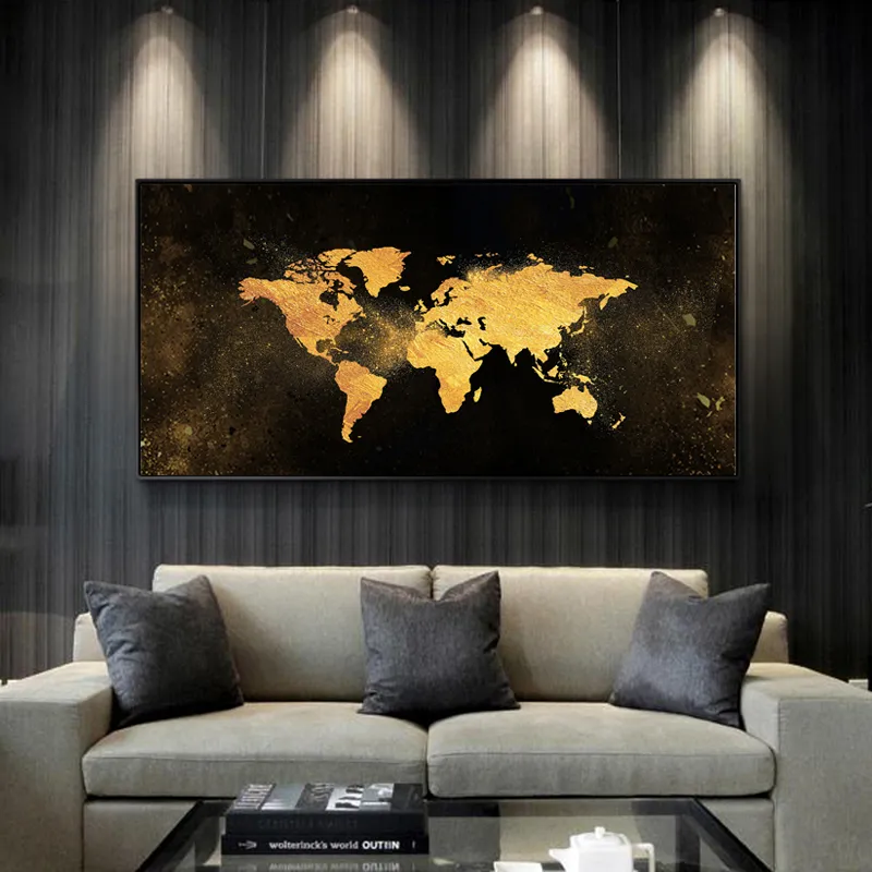 Abstract Art Golden Maps For Living Room Wall Art Canvas Prints Posters Canvas Modern Black Decorative Pictures