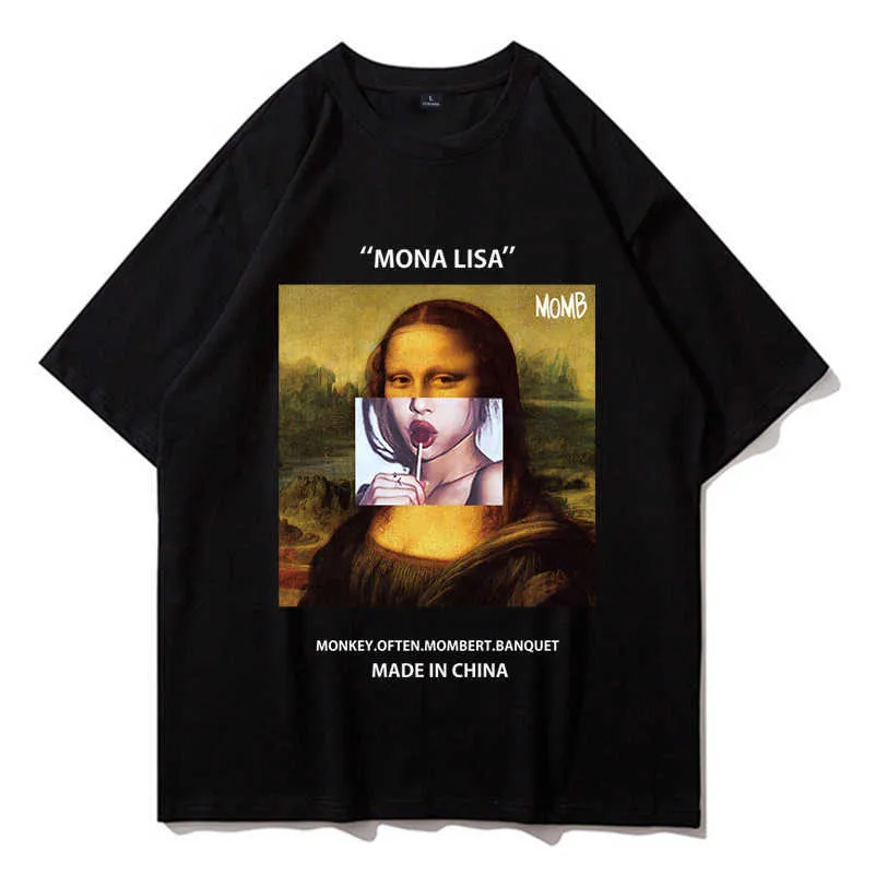 Męskie Funny Kuso Mona Lisa Oil Drukuj O-Neck Koszulki Koszulki Koszulki 210527