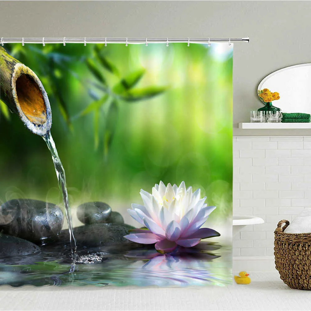 Zen-Duschvorhang, Badezimmerdekoration, 3D-Bambus, fließendes Wasser, grüner Bambus-Buddha, Duschvorhänge, wasserdicht, waschbar, Bildschirm 210609