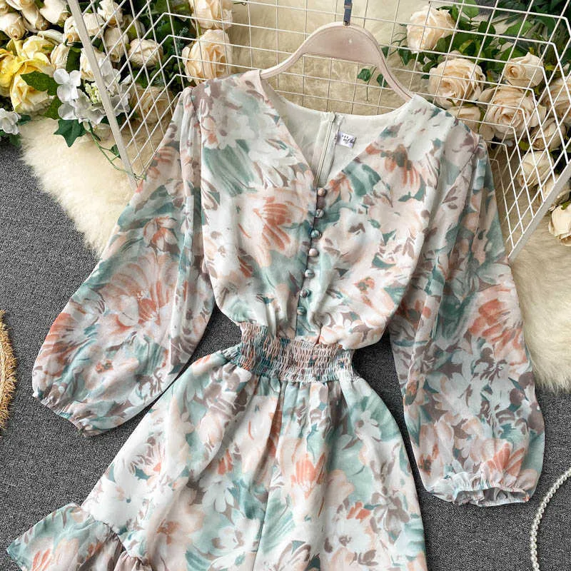 LY Varey Lin Jesień Kobiety Wakacyjne Druku Kombinezony Wysokiej Talii V Neck Guziki Ruffled Hem Słodki Szeroki Nogi Playsuits 210526