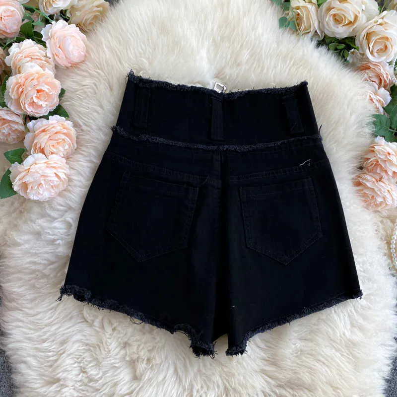 Mujeres primavera verano pantalones cortos de cintura alta casual hembra negro cremallera mosca pierna ancha moda streetwear 210603