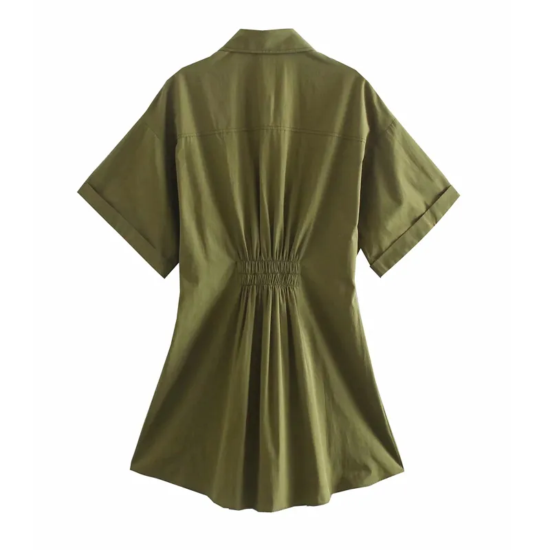 Army Green Mini Shirt Dress Women Summer Button Up Short Sleeve Woman Elastic Waist Casual es 210519