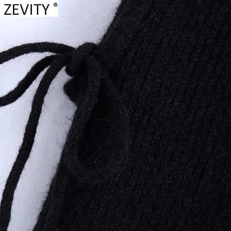 Zevity, suéter de punto con capucha y cordones a la moda para mujer, jerséis casuales de diseño elegante para mujer, Tops negros de calle alta para mujer S558 210603