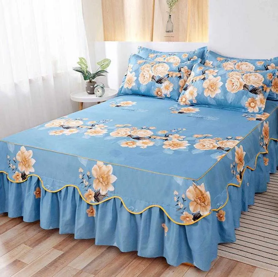 Jupe de lit taies d'oreiller rose princesse literie drap de lit corée couvre-lits lin pour filles housse de matelas avec taie d'oreiller F0173 210706