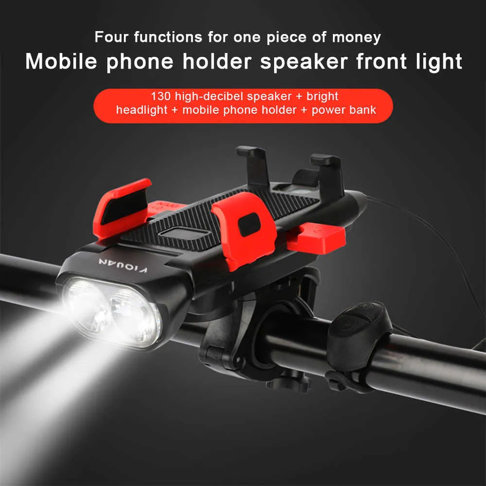 Voiture Multi-fonction 4 en 1 Vélo Vélo Lumière USB Rechargeable LED Vélo Phare Vélo Klaxon Téléphone Titulaire Powerbank Vélo Light269D