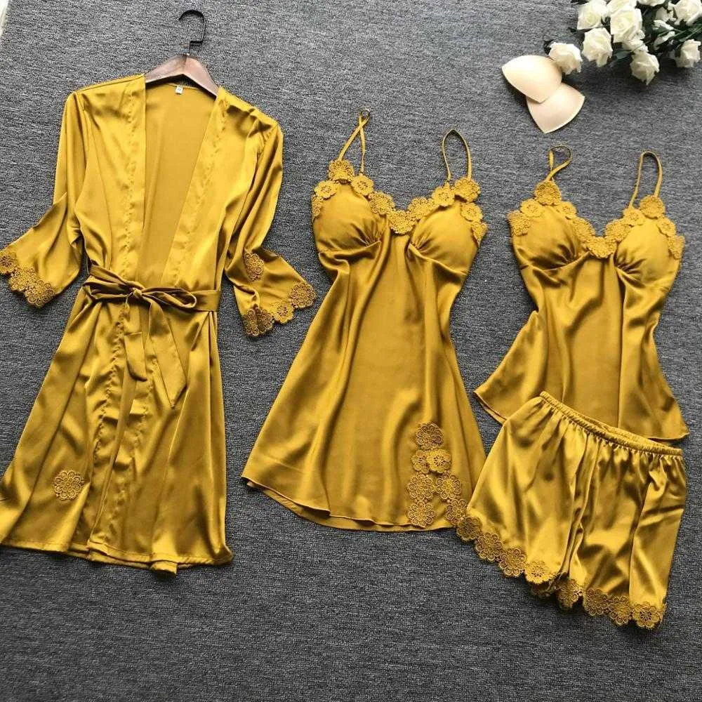 Women's Pajamas Sets Sexy Robe Faux Silk Sleepwear Lace Bathrobe Autumn Fashion Lingerie Big Size 210809